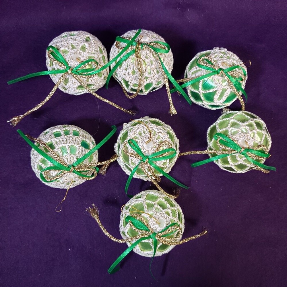 Vtg 7 Green Satin Christmas Balls w/ Hand Crocheted Coverings Ornaments 2 1/2"